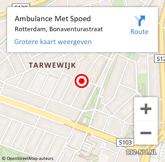 Locatie op kaart van de 112 melding: Ambulance Met Spoed Naar Rotterdam, Bonaventurastraat op 10 februari 2021 17:17