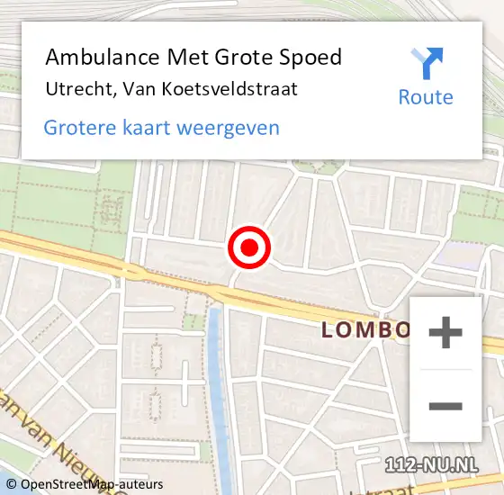 Locatie op kaart van de 112 melding: Ambulance Met Grote Spoed Naar Utrecht, Van Koetsveldstraat op 10 februari 2021 19:55