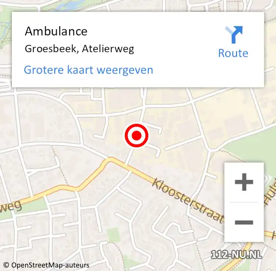 Locatie op kaart van de 112 melding: Ambulance Groesbeek, Atelierweg op 17 februari 2021 13:54