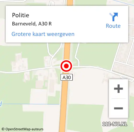 Locatie op kaart van de 112 melding: Politie Barneveld, A30 L hectometerpaal: 24,3 op 17 februari 2021 14:38