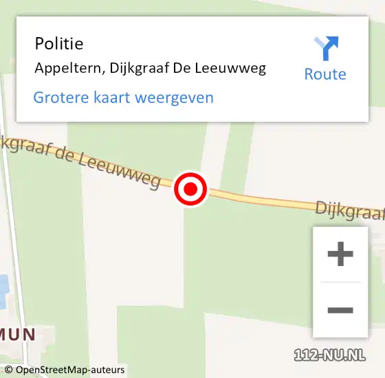 Locatie op kaart van de 112 melding: Politie Appeltern, Dijkgraaf De Leeuwweg op 18 februari 2021 23:09