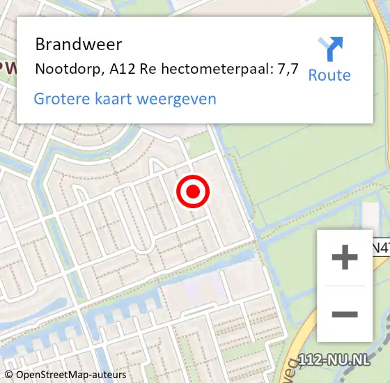 Locatie op kaart van de 112 melding: Brandweer Nootdorp, A12 Re hectometerpaal: 7,7 op 19 februari 2021 07:31