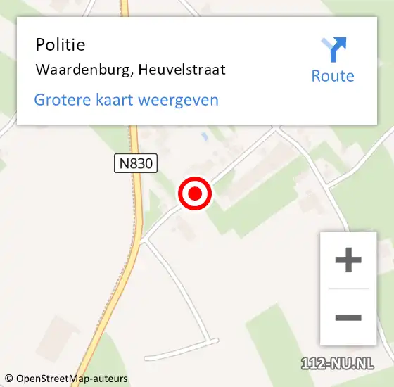 Locatie op kaart van de 112 melding: Politie Waardenburg, Heuvelstraat op 20 februari 2021 22:31