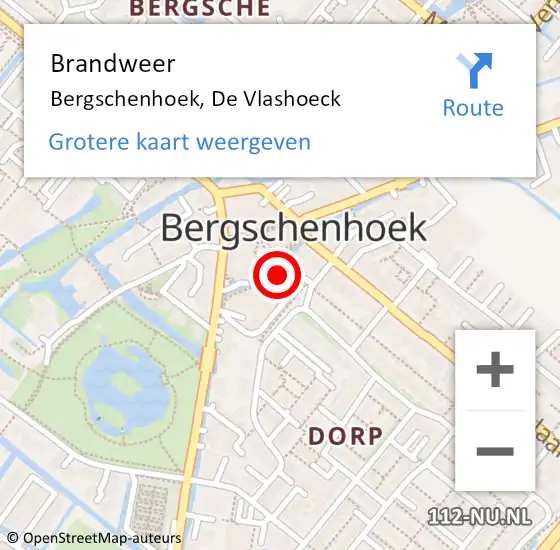 Locatie op kaart van de 112 melding: Brandweer Bergschenhoek, De Vlashoeck op 22 februari 2021 08:26