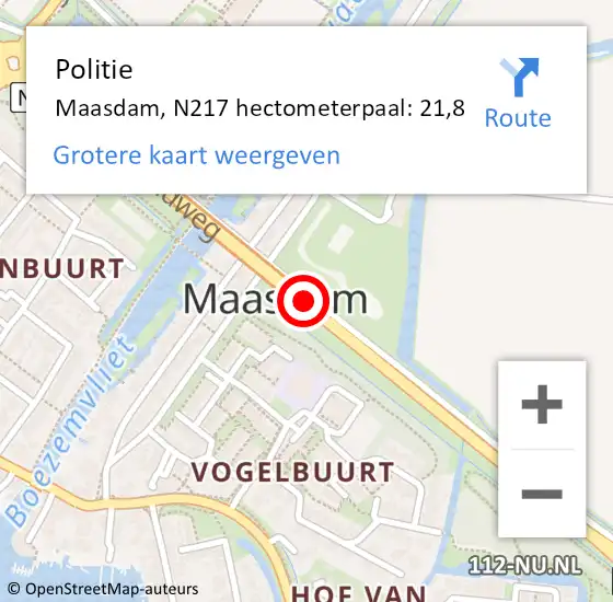 Locatie op kaart van de 112 melding: Politie Maasdam, N217 hectometerpaal: 21,8 op 25 februari 2021 09:52