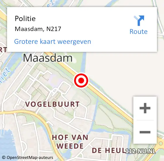 Locatie op kaart van de 112 melding: Politie Maasdam, N217 op 25 februari 2021 10:08