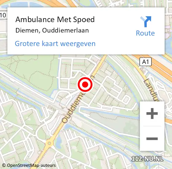 Locatie op kaart van de 112 melding: Ambulance Met Spoed Naar Diemen, Ouddiemerlaan op 25 februari 2021 19:31