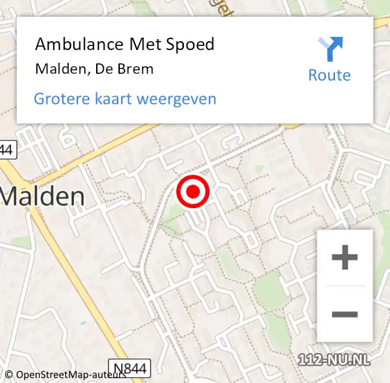 Locatie op kaart van de 112 melding: Ambulance Met Spoed Naar Malden, De Brem op 26 februari 2021 05:31
