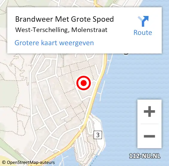 Locatie op kaart van de 112 melding: Brandweer Met Grote Spoed Naar West-Terschelling, Molenstraat op 3 maart 2021 09:59