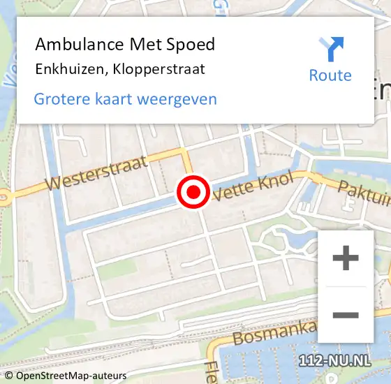 Locatie op kaart van de 112 melding: Ambulance Met Spoed Naar Enkhuizen, Klopperstraat op 6 maart 2021 10:53