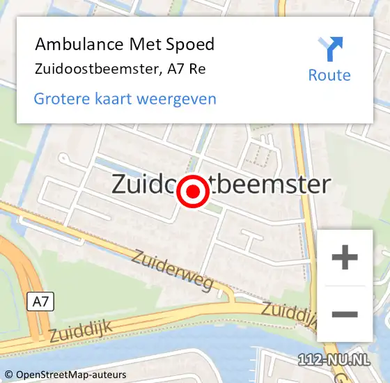 Locatie op kaart van de 112 melding: Ambulance Met Spoed Naar Zuidoostbeemster, A7 Li hectometerpaal: 16,9 op 8 maart 2021 16:57