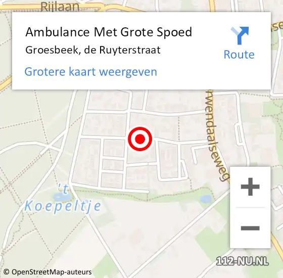 Locatie op kaart van de 112 melding: Ambulance Met Grote Spoed Naar Groesbeek, De Ruyterstraat op 9 maart 2021 16:14