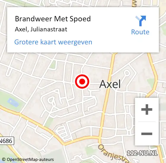 Locatie op kaart van de 112 melding: Brandweer Met Spoed Naar Axel, Julianastraat op 11 maart 2021 03:30