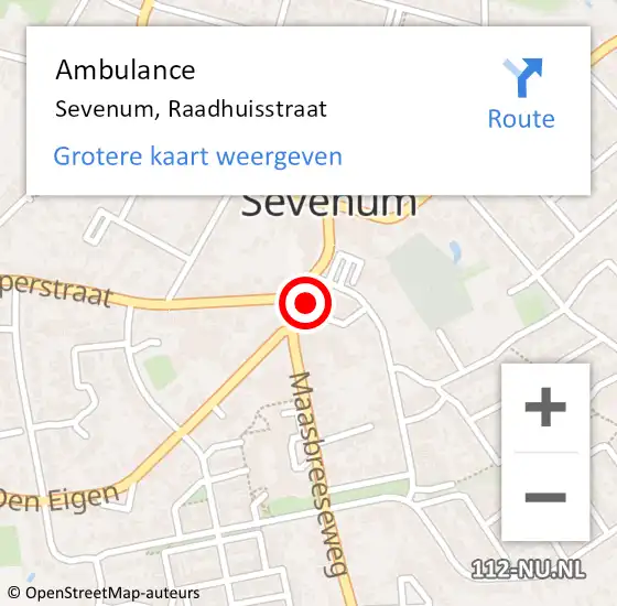 Locatie op kaart van de 112 melding: Ambulance Sevenum, Raadhuisstraat op 4 juni 2014 13:07