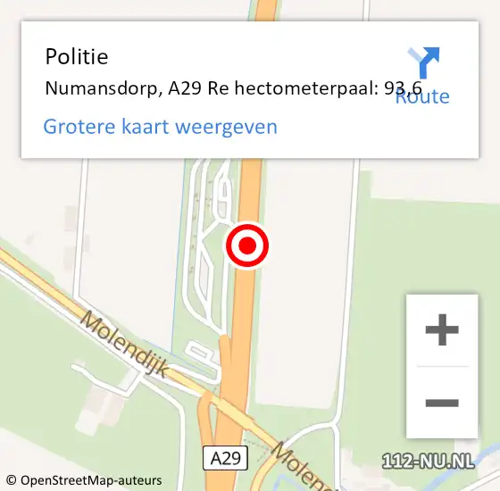 Locatie op kaart van de 112 melding: Politie Numansdorp, A29 Re hectometerpaal: 92,6 op 12 maart 2021 10:56