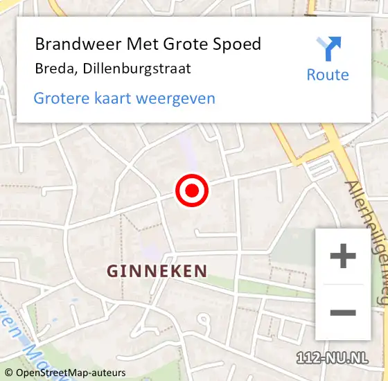 Locatie op kaart van de 112 melding: Brandweer Met Grote Spoed Naar Breda, Dillenburgstraat op 14 maart 2021 17:11