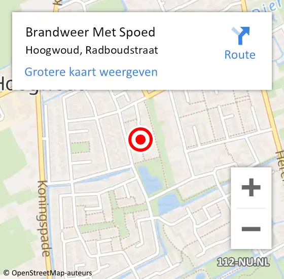 Locatie op kaart van de 112 melding: Brandweer Met Spoed Naar Hoogwoud, Radboudstraat op 14 maart 2021 20:01