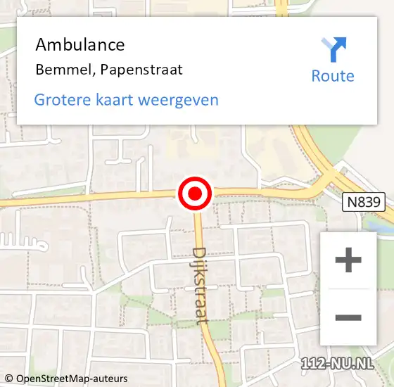 Locatie op kaart van de 112 melding: Ambulance Bemmel, Papenstraat op 15 maart 2021 14:57