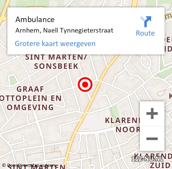 Locatie op kaart van de 112 melding: Ambulance Arnhem, Naell Tynnegieterstraat op 18 maart 2021 14:07