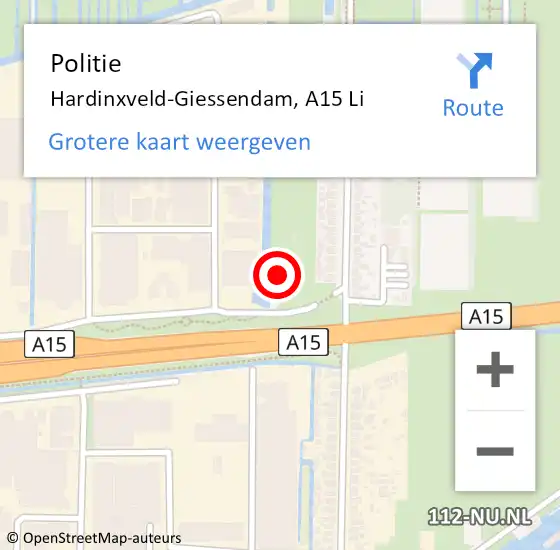 Locatie op kaart van de 112 melding: Politie Hardinxveld-Giessendam, A15 Li op 20 maart 2021 12:19