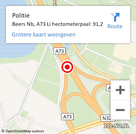 Locatie op kaart van de 112 melding: Politie Beers Nb, A73 Li hectometerpaal: 91,2 op 20 maart 2021 14:45