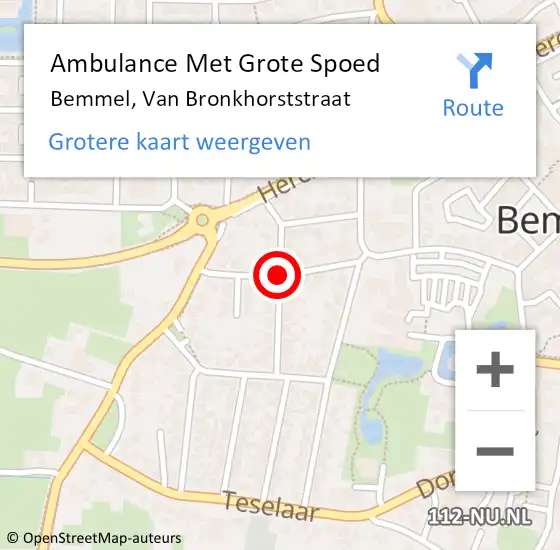 Locatie op kaart van de 112 melding: Ambulance Met Grote Spoed Naar Bemmel, Van Bronkhorststraat op 22 maart 2021 14:39