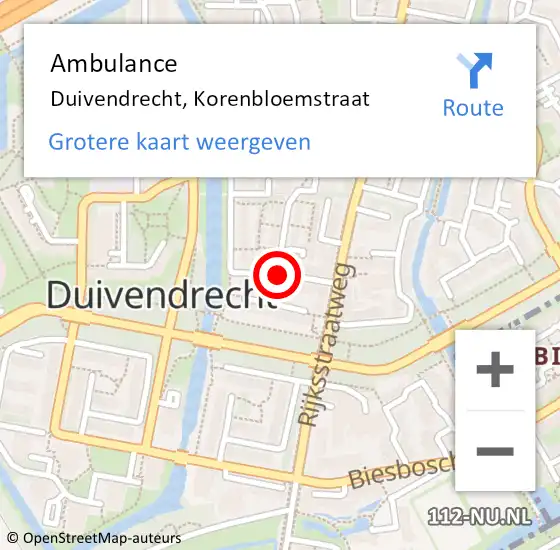 Locatie op kaart van de 112 melding: Ambulance Duivendrecht, Korenbloemstraat op 24 maart 2021 13:45