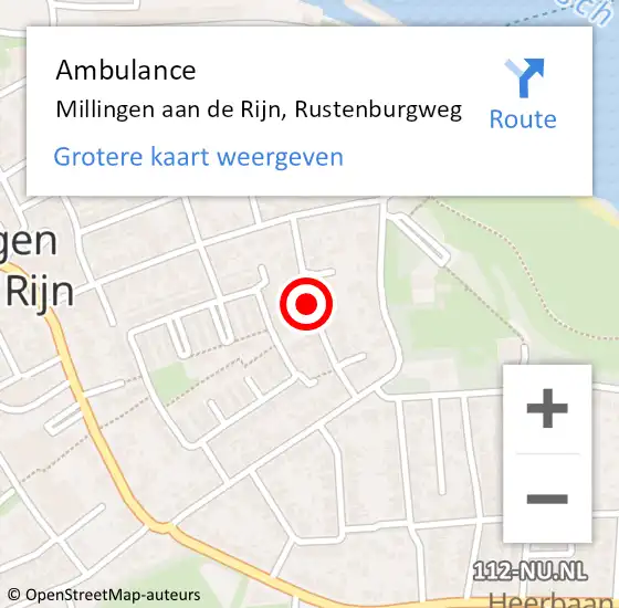 Locatie op kaart van de 112 melding: Ambulance Millingen aan de Rijn, Rustenburgweg op 24 maart 2021 20:12