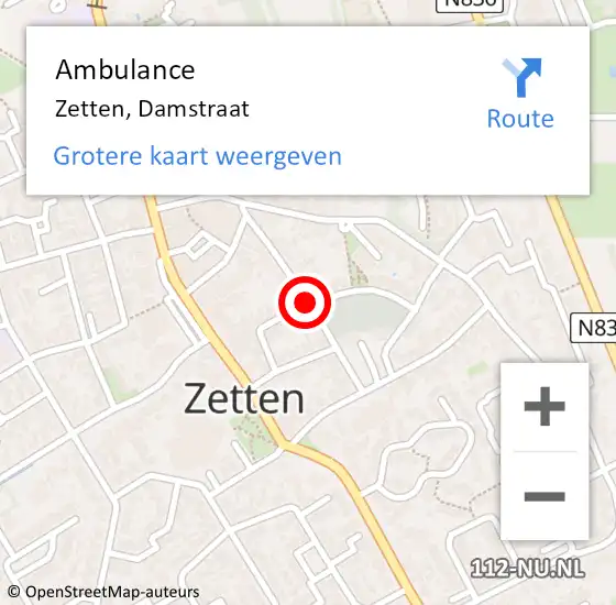 Locatie op kaart van de 112 melding: Ambulance Zetten, Damstraat op 26 maart 2021 15:35