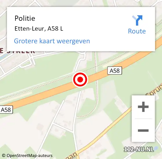 Locatie op kaart van de 112 melding: Politie Etten-Leur, A58 L op 26 maart 2021 19:11