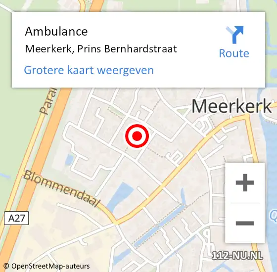 Locatie op kaart van de 112 melding: Ambulance Meerkerk, Prins Bernhardstraat op 4 oktober 2013 09:45