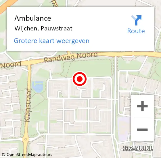 Locatie op kaart van de 112 melding: Ambulance Wijchen, Pauwstraat op 5 april 2021 21:14