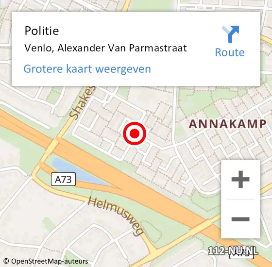 Locatie op kaart van de 112 melding: Politie Venlo, Alexander Van Parmastraat op 6 april 2021 21:13