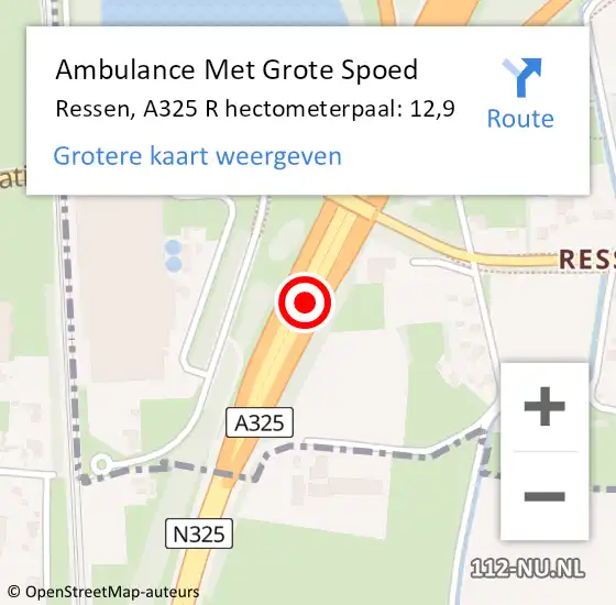 Locatie op kaart van de 112 melding: Ambulance Met Grote Spoed Naar Ressen, A325 R hectometerpaal: 12,9 op 7 juni 2014 06:45