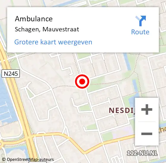 Locatie op kaart van de 112 melding: Ambulance Schagen, Mauvestraat op 9 april 2021 11:26