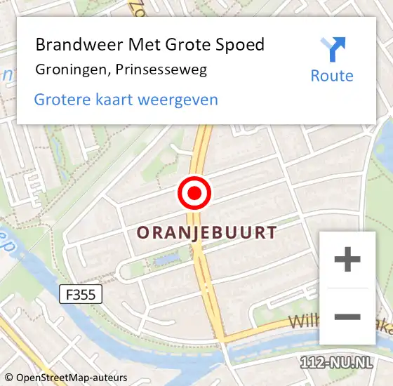 Locatie op kaart van de 112 melding: Brandweer Met Grote Spoed Naar Groningen, Prinsesseweg op 11 april 2021 16:08