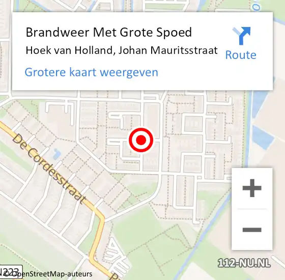 Locatie op kaart van de 112 melding: Brandweer Met Grote Spoed Naar Hoek van Holland, Johan Mauritsstraat op 11 april 2021 17:28