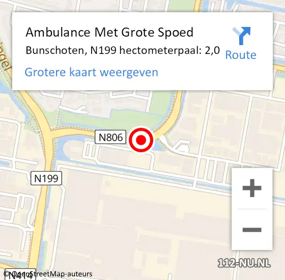 Locatie op kaart van de 112 melding: Ambulance Met Grote Spoed Naar Bunschoten, N199 hectometerpaal: 2,0 op 7 juni 2014 19:57