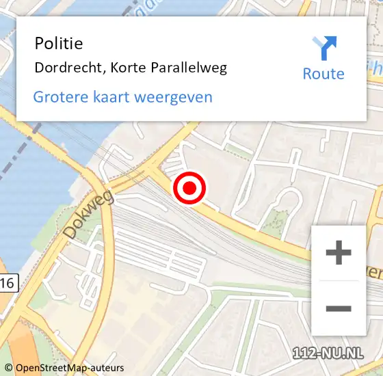 Locatie op kaart van de 112 melding: Politie Dordrecht, Korte Parallelweg op 14 april 2021 21:33