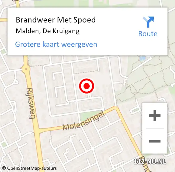 Locatie op kaart van de 112 melding: Brandweer Met Spoed Naar Malden, De Kruigang op 15 april 2021 21:55