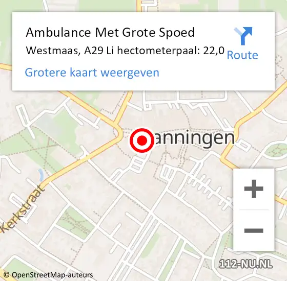 Locatie op kaart van de 112 melding: Ambulance Met Grote Spoed Naar Westmaas, A29 Li hectometerpaal: 22,0 op 16 april 2021 18:02