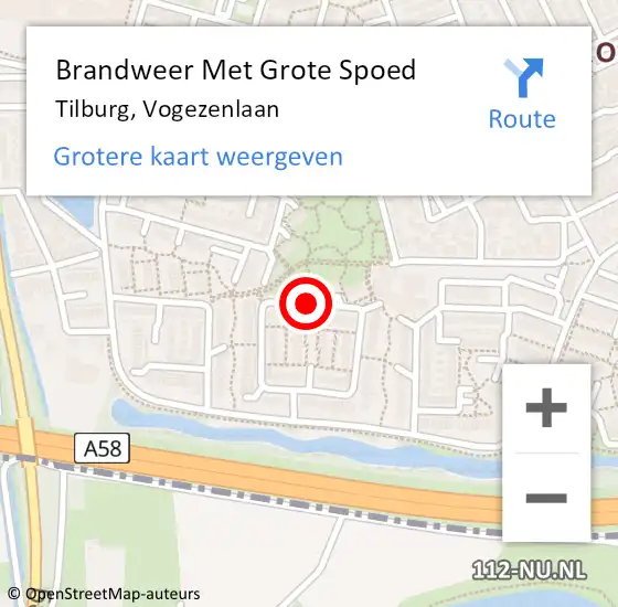 Locatie op kaart van de 112 melding: Brandweer Met Grote Spoed Naar Tilburg, Vogezenlaan op 18 april 2021 15:34