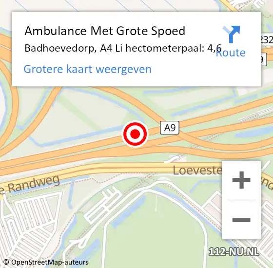 Locatie op kaart van de 112 melding: Ambulance Met Grote Spoed Naar Badhoevedorp, A4 Li hectometerpaal: 4,6 op 19 april 2021 14:30