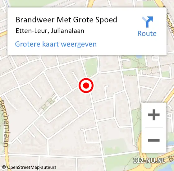 Locatie op kaart van de 112 melding: Brandweer Met Grote Spoed Naar Etten-Leur, Julianalaan op 23 april 2021 11:18