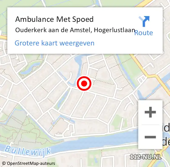 Locatie op kaart van de 112 melding: Ambulance Met Spoed Naar Ouderkerk aan de Amstel, Hogerlustlaan op 24 april 2021 19:34