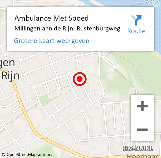 Locatie op kaart van de 112 melding: Ambulance Met Spoed Naar Millingen aan de Rijn, Rustenburgweg op 26 april 2021 09:58