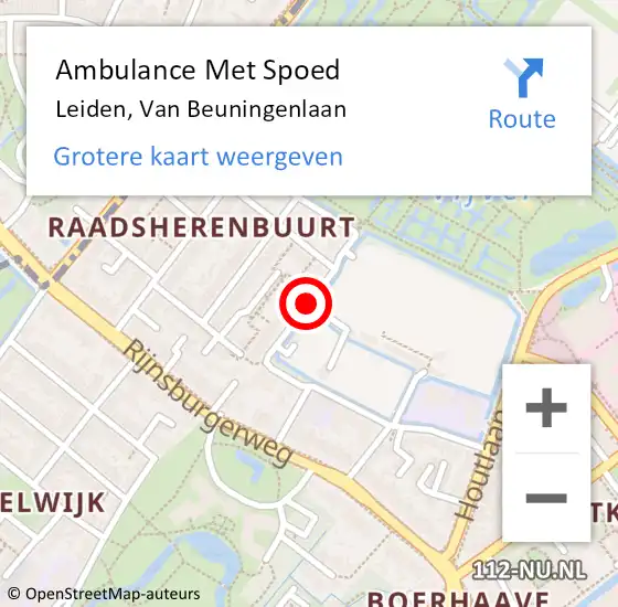 Locatie op kaart van de 112 melding: Ambulance Met Spoed Naar Leiden, Van Beuningenlaan op 26 april 2021 13:39