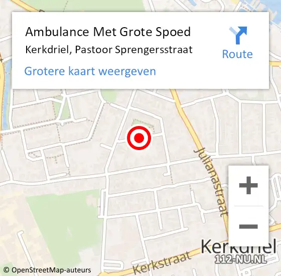 Locatie op kaart van de 112 melding: Ambulance Met Grote Spoed Naar Kerkdriel, Pastoor Sprengersstraat op 27 april 2021 20:08