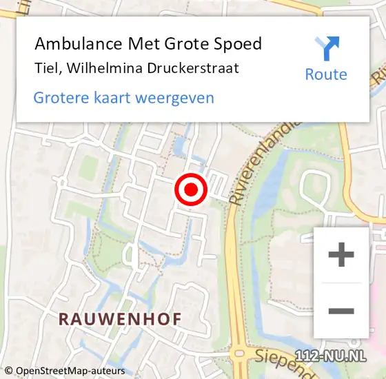 Locatie op kaart van de 112 melding: Ambulance Met Grote Spoed Naar Tiel, Wilhelmina Druckerstraat op 1 mei 2021 22:49