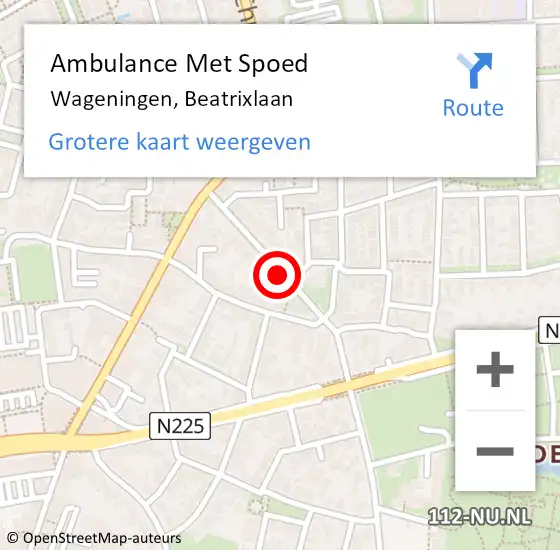 Locatie op kaart van de 112 melding: Ambulance Met Spoed Naar Wageningen, Beatrixlaan op 2 mei 2021 05:20